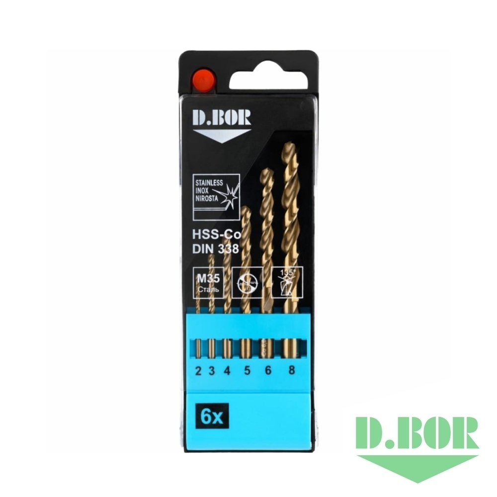 Набор сверел "D.BOR" по металлу Cobalt 5% HSS-Co DIN338, 2,0-8,0мм, 6шт. TD-338-CO5-PS1-06