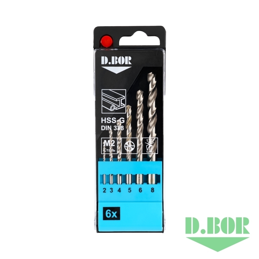 Набор сверел "D.BOR" по металлу HSS-G DIN338, 2,0-8,0мм, 6шт. D-TD-338-HSS-PS1-06